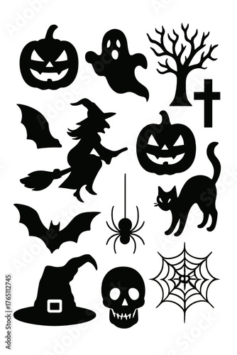 Vector illustration of a set of Halloween silhouettes on a white background
