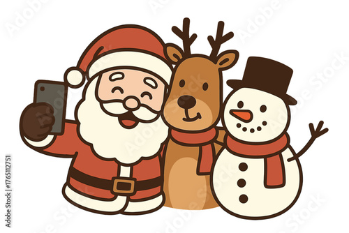 Santa Claus snaps a selfie with a Christmas deer and a snowman