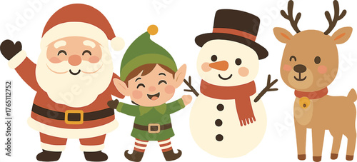 A vector-style greeting card wishing a Merry Christmas and Happy New Year, featuring a cute Santa Claus, a little elf, a snowman, and a deer amid a winter holiday cartoon scene