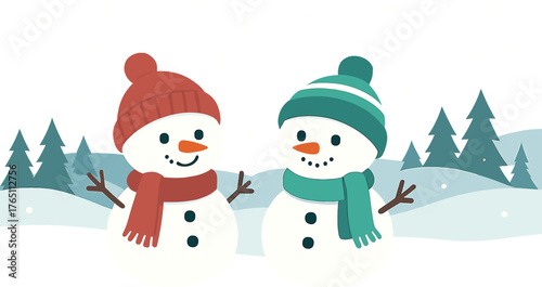 Adorable snowmen friends on a snowy landscape with a natural backdrop, capturing a Christmas and New Year holiday theme for a festive winter season banner with copy space