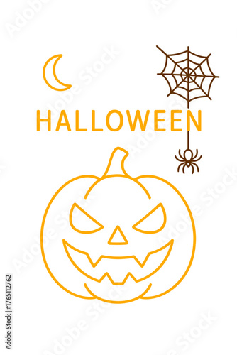 A minimalistic Halloween background with a spooky black night, neon pumpkins, a spider, and an autumn holiday space