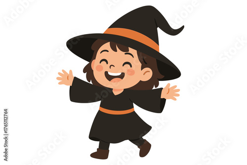 A smiling child in a witch costume for Halloween posed against a studio background