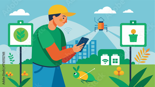 A field technician using a handheld device to scan QR codes on IoTbased pest s updating the database and providing uptodate information to farmers.. Vector illustration