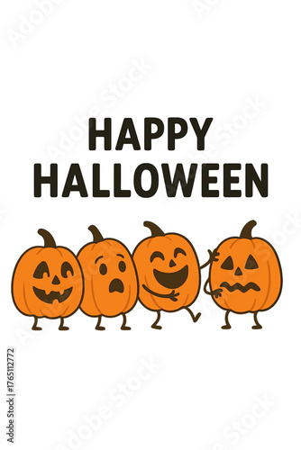 A Halloween banner featuring a humorous scene with festive carved pumpkins and a Happy Halloween text, rendered as a vector illustration