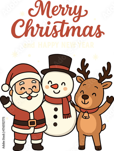 Merry Christmas and Happy New Year lettering featuring cute Santa Claus, snowman, and reindeer cartoon characters—ideal for greeting cards, leaflets, brochures, invitations, posters, or banners