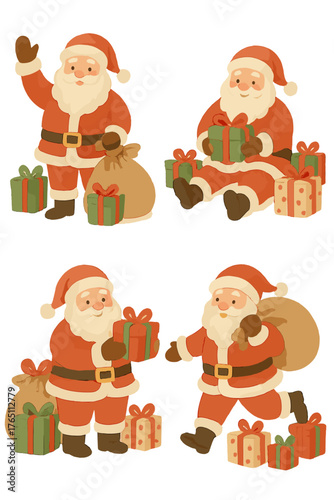 A charming collection of watercolor drawings showing Santa Claus in various holiday poses, each scene brimming with gifts and festive joy