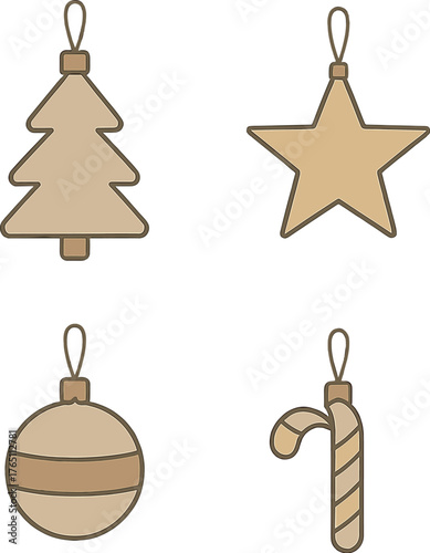 Set of modern Christmas ornament postcards featuring a tree, stars, ball, candy cane, and snowflake in neutral tones