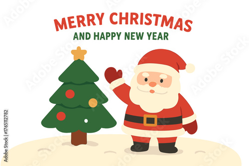 Festive holiday design featuring a charming Santa Claus figurine and a snowy tree with space for text