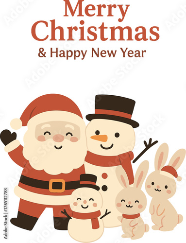 A 2023 Merry Christmas and Happy New Year greeting card featuring a cute Santa Claus, snowman, rabbit, and bunny, with a holiday cartoon character set in a winter season – Vector