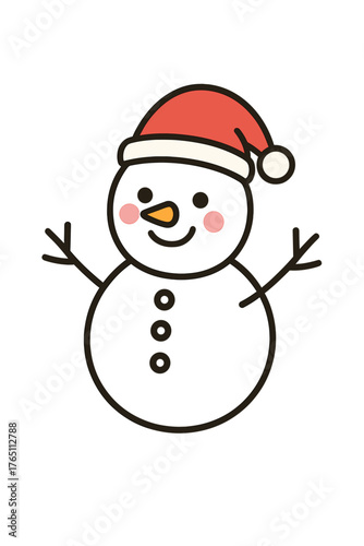 A cheerful snowman wearing a Santa hat and holding branch-like arms, depicted in a colorful illustration against a square backdrop, rendered as a simple flat-outlined cartoon drawing