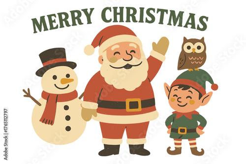 Retro holiday poster featuring Santa Claus, a snowman, an elf, and an owl