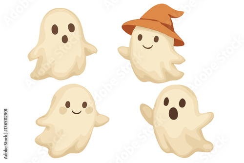 Vector watercolor Halloween ghost set featuring a cute cartoon character, perfect for baby shower invitations, greeting cards, and party invitations, all hand‑painted illustrations