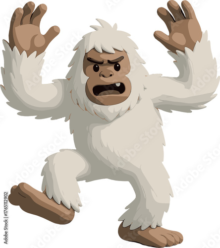 A 3D rendering of a white, hairy yeti dancing with its hands up, depicted as a furry bigfoot cartoon character, looks like a scary monster, isolated in 3D on a mint blue background in a dancing pose