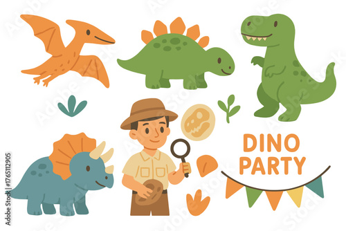 A vector set of dinosaur illustrations featuring cute prehistoric animal icons such as Pterodactyl, Stegosaurus, Tyrannosaurus, Triceratops, T‑Rex, and a paleontologist, plus party elements for kids