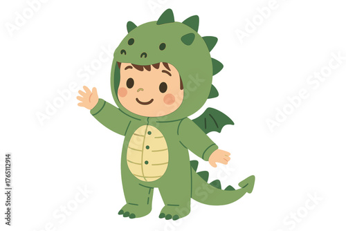 A cute little boy in a green dragon costume, wearing fancy sleepwear pajamas for a party