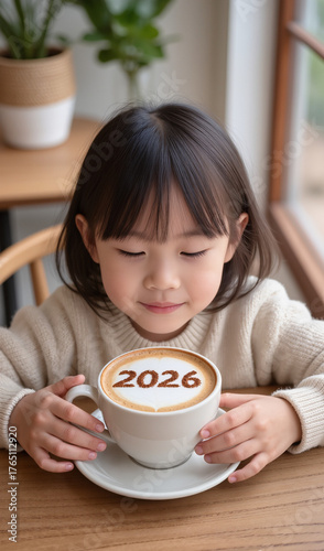 young woman drinking tea, I'm making a cappuccino and it says 2026 on the foam.