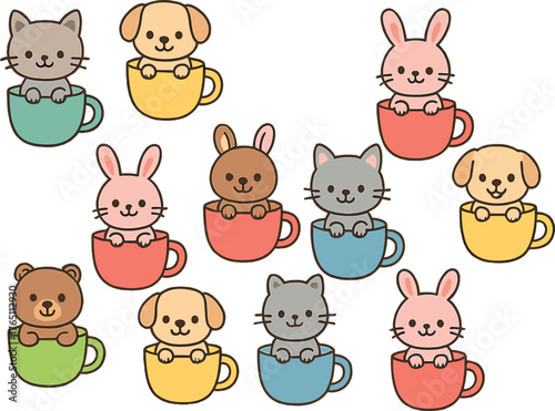 Design a seamless pattern with a childlike cartoon animal inside a cup