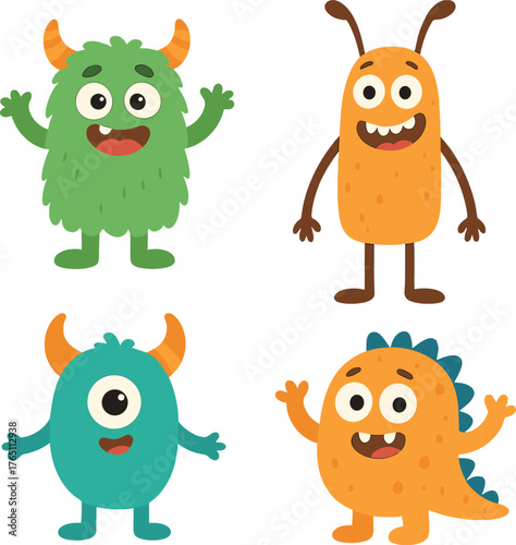 A collection of flat‑style cartoon monsters, featuring cute, humorous characters ideal for children’s posters, cards, and magazines, rendered as vector illustrations