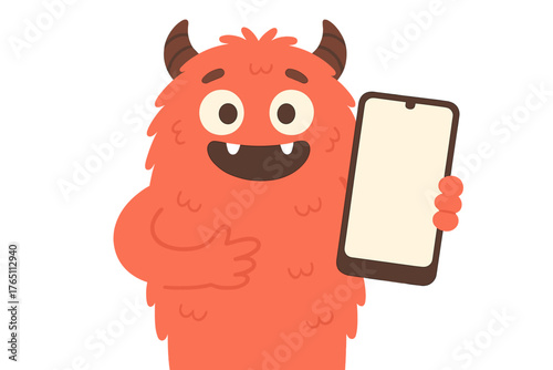 A cute, coral-colored fuzzy monster holding a blank smartphone against a solid coral background