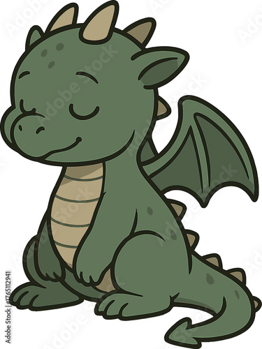 A charming young dragon stands, wings folded, in a misty forest