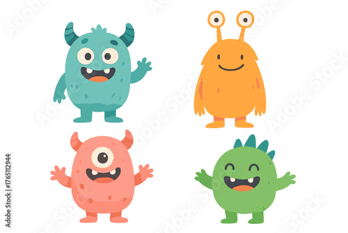 Cute, humorous cartoon monsters rendered in a children's watercolor style,  image with a transparent background