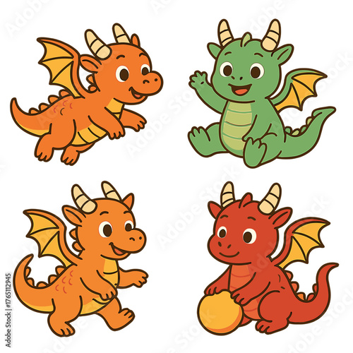 A collection of adorable baby dragons, featuring Chinese mythic creatures with horns, tails, and wings, along with humorous oriental zodiac characters that fly, play, and enjoy themselves, rendered