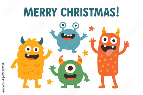 A Christmas card featuring cheerful, humorous cartoon monsters, created with legal AI