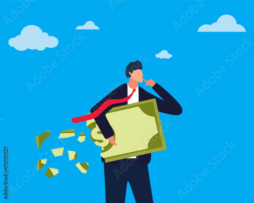 Illustration of a sad businessman holding a large dollar banknote that is crumbling and losing value, symbolizing financial loss, economic downturn, and investment failure. Perfect for finance, crisis