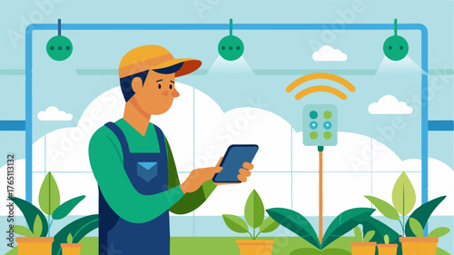 A farmer remotely controls the temperature and humidity in their greenhouse through their digital tracking system maximizing crop growth and reducing expenses.. Vector illustration