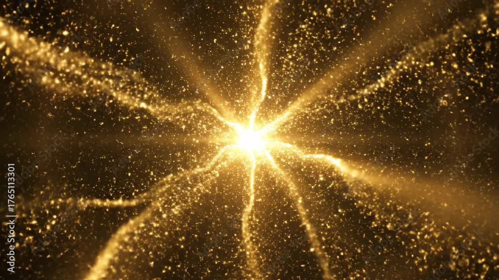 Raios dourados saindo do centro em fundo preto, fundo abstrato com partículas douradas.