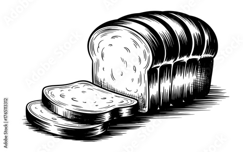 Detailed black and white sketch of a loaf of bread with two slices cut, hand-drawn in a realistic and textured style.