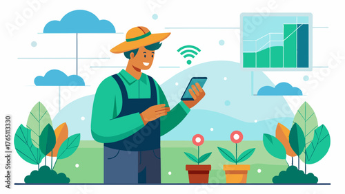 A farmer remotely monitoring and controlling the growth of crops in a greenhouse through a smartphone app powered by AI yield forecasting technology.. Vector illustration