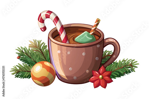 Cozy hot chocolate mug, candy cane, pine sprig, and Christmas ornament on white background, holiday comfort