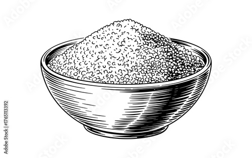 a bowl filled with small round grains, featuring cross-hatching texture and artistic detail.