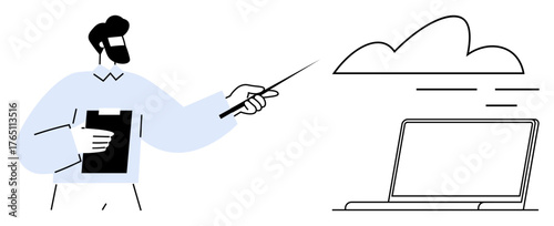 Bearded man holding clipboard and pointing towards cloud graphic above a laptop. Ideal for technology, cloud storage, SaaS, data sharing, online services, teaching, and presentations. Simple flat