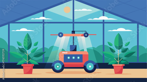 A fully autonomous robot equipped with LED lights mimicking natural sunlight to extend growing seasons in a greenhouse.. Vector illustration