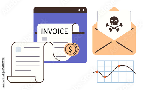 Digital invoice with coin, malware phishing email marked with skull, and fluctuating graph. Ideal for cybersecurity, finance, crime, risk, data fraud prevention hacking awareness. Simple flat