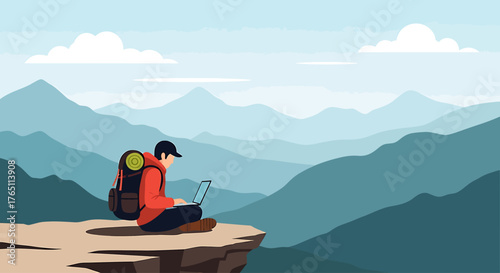 Digital nomad freelancer enjoying remote work freedom from anywhere. A flat vector illustration