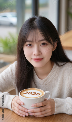young woman eating breakfast, I'm making a cappuccino and it says 2026 on the foam.