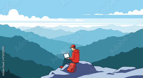 Digital Nomad working remotely on a laptop from a mountain peak, embracing freedom and a nomadic lifestyle with flat vector illustration