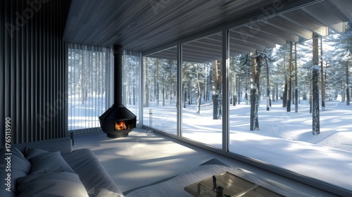 Fireplace in Modern Cabin in Winter Forest