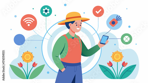 A farmer inputs their crop rotation schedule into a central system which uses data from IoTbased sensors to determine the best time to rotate crops and prevent pest infestations.. Vector illustration