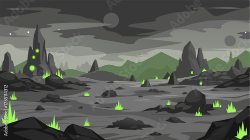 An endless expanse of black and grey with only small patches of green vegetation struggling to survive in the harsh conditions. The harsh terrain is both beautiful and foreboding.