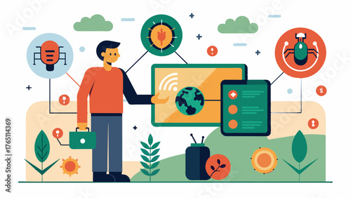 A machine learning algorithm analyzing realtime data to identify potential disease or pest outbreaks in a crop and providing targeted treatment recommendations.. Vector illustration