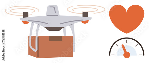 quadcopter carrying box with love and speed symbols conveying fast deliveries, customer satisfaction, and efficiency. Ideal for logistics, e-commerce, express service, innovation, technology