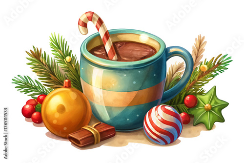 Cozy hot chocolate mug, candy cane, pine sprig, and Christmas ornament on white background, holiday comfort