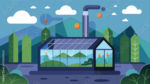 A futuristic greenhouse equipped with an AIbased system that automatically adjusts climate conditions based on realtime weather data.. Vector illustration