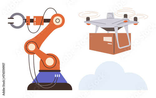 Robotic arm performing tasks alongside a flying delivery quadcopter carrying a package over cloud. Ideal for automation, technology, innovation, logistics, future tech, smart industry, robotics