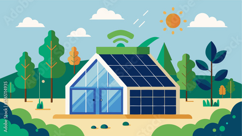 A futuristic greenhouse powered by solar panels and utilizing IoT technology to precisely regulate climate conditions for specific crops resulting in higher yields and reduced. Vector illustration