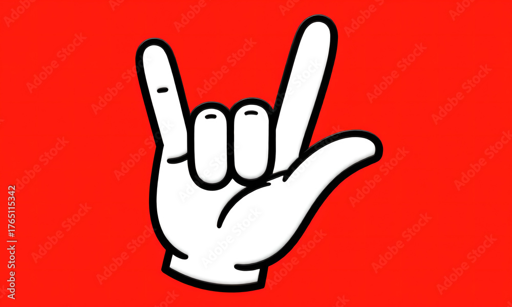 Fototapeta premium Bold Cartoon Hand Gesture Showing Rock and Roll Symbol on Vibrant Red Background